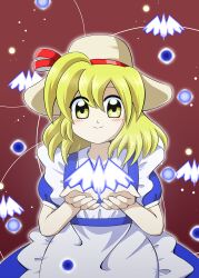 Rule 34 | 1girl, absurdres, apron, bird, blonde hair, blue dress, blue suspenders, blush, closed mouth, commentary request, danmaku, dress, frilled apron, frills, happy, hat, hat ribbon, highres, kana anaberal, looking at viewer, puffy short sleeves, puffy sleeves, red background, red ribbon, ribbon, short sleeves, smile, solo, sun hat, touhou, touhou (pc-98), white apron, white bird, white hat, yellow eyes, zun (style)