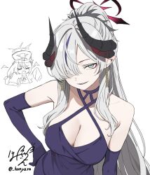 Rule 34 | bare shoulders, black halo, black horns, blue archive, blue dress, blue gloves, breasts, cleavage, criss-cross halter, demon girl, demon horns, dress, elbow gloves, gloves, grey eyes, grey hair, hair over one eye, halo, halter dress, halterneck, highres, honyara-san, horns, ibuki (blue archive), large breasts, makoto (blue archive), makoto (dress) (blue archive), multicolored halo, multiple horns, official alternate costume, official alternate hairstyle, ponytail