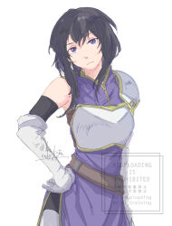 303_goushitsu_no_kamisama armor belt black_hair breastplate dress elbow_gloves fire_emblem fire_emblem:_genealogy_of_the_holy_war gloves hand_on_own_hip ka_kutei larcei_(fire_emblem) looking_at_viewer nintendo purple_dress purple_eyes short_hair shoulder_armor side_slit sidelocks sleeveless standing tomboy white_background