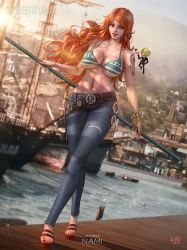1boy 1girl bikini bikini_top_only boat breasts brown_eyes character_doll cleavage crossed_legs denim dock jeans large_breasts long_hair midriff nail_polish nami_(one_piece) navel one_piece orange_hair pants patreon_username sandals sanji_(one_piece) ship smile standing swimsuit tattoo toenail_polish toenails torn_clothes watercraft watson_cross weapon yam_spectrum