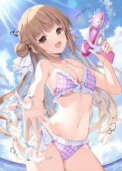 1girl :d bikini breasts brown_hair cleavage cloud commentary_request cowboy_shot day front-tie_bikini_top front-tie_top hair_bun hand_up highres holding holding_water_gun irori large_breasts long_hair looking_at_viewer navel open_mouth original outdoors outstretched_arm plaid_bikini plaid_clothes purple_bikini side-tie_bikini_bottom smile solo splashing sunlight swimsuit water water_gun yellow_eyes