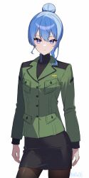 1girl asymmetrical_sidelocks black_pantyhose black_skirt black_undershirt blue_eyes blue_hair closed_mouth commentary_request cowboy_shot double-parted_bangs expressionless green_jacket gundam gundam_gquuuuuux hair_between_eyes hair_bun highres hololive hoshimachi_suisei jacket lapels looking_at_viewer military_jacket military_uniform miniskirt notched_lapels pantyhose pencil_skirt short_hair simple_background single_hair_bun skirt solo star_(symbol) star_in_eye straight-on symbol_in_eye turtleneck virtual_youtuber white_background you06