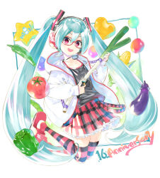 1girl anniversary apple aqua_hair bell_pepper black_shirt black_skirt black_thighhighs character_name chili_pepper collarbone commentary corn cutting dated eggplant food frilled_skirt frills fruit glasses green_pepper hair_ornament hatsune_miku headphones headset heart highres holding holding_food holding_spring_onion holding_tool holding_vegetable hood hooded_jacket improvised_instrument jacket jewelry jumping kei_(keigarou) legs_up long_hair looking_at_viewer midair miniskirt hatsune_miku_(natural) necklace open_mouth plaid_clothes plaid_skirt pleated_skirt project_diva_(series) red-framed_eyewear red_eyes red_footwear red_skirt red_thighhighs shirt skirt smile solo spring_onion star_(symbol) striped_clothes striped_thighhighs teeth thighhighs tomato twintails unconventional_guitar upper_teeth_only vegetable very_long_hair vocaloid white_background white_jacket