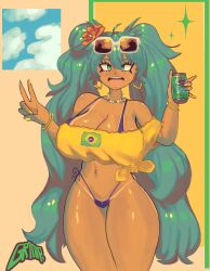 absurdres aqua_hair artist_name bikini bikini_tan bikini_under_clothes black_bikini bracelet brazilian_flag brazilian_flag_print brazilian_miku breasts can cleavage cowboy_shot eyewear_on_head flag_print flower grimpyboi guarana_antarctica hair_flower hair_ornament hands_up hatsune_miku highres holding holding_can jewelry large_breasts long_hair navel navel_piercing off-shoulder_shirt off_shoulder open_mouth piercing print_shirt rectangular_earrings red_flower shirt sunglasses swimsuit tan tanline tied_shirt twintails v very_long_hair vocaloid white-framed_eyewear yellow_shirt