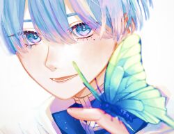 1boy bai_mei blue_eyes blue_hair blue_shirt bug butterfly butterfly_on_hand close-up highres himmel_(sousou_no_frieren) insect looking_at_viewer lower_teeth_only male_focus mole mole_under_eye open_mouth shirt short_hair simple_background smile solo sousou_no_frieren teeth upper_body white_background