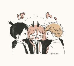 1girl 2boys black_hair black_jacket black_necktie blonde_hair blush_stickers chainsaw_man chibi chibi_only closed_eyes collared_shirt commentary_request cropped_torso denji_(chainsaw_man) earrings fang hair_between_eyes hand_on_another&#039;s_shoulder hayakawa_aki horns itsuki_yuu jacket jewelry long_hair multiple_boys necktie open_mouth pink_hair power_(chainsaw_man) sharp_teeth shirt short_hair simple_background sleeves_past_fingers sleeves_past_wrists smile stud_earrings teeth twitter_username upper_body white_shirt