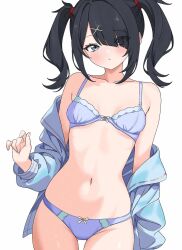 1girl alternate_costume ame-chan_(needy_girl_overdose) black_hair blue_eyes blue_serafuku bra breasts commentary_request cowboy_shot diagonal_bangs hair_ornament hair_over_one_eye hand_up head_tilt highres inami_(x_spidekawaii_x) needy_girl_overdose panties school_uniform serafuku shirt_partially_removed short_twintails sidelocks solo stomach thigh_gap toned toned_female twintails underwear undressing x_hair_ornament