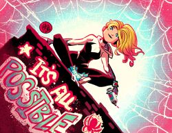 1girl artist_name asymmetrical_hair blonde_hair blue_eyes bodysuit breasts closed_mouth dated dutch_angle english_text graffiti highres holding_spray_can hood hooded_bodysuit looking_at_viewer marvel medium_breasts mikemaihack sidecut sitting skin_tight solo spider-gwen spider-man_(series) spider_web_print spray_paint superhero_costume two-tone_bodysuit undercut white_bodysuit