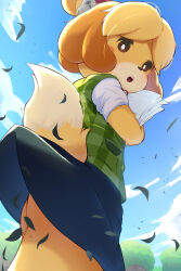 1girl animal_crossing animal_ears ass blonde_hair blue_skirt blue_sky body_fur cloud commentary_request day dog_ears dog_girl dog_tail furry furry_female green_vest hair_ornament highres isabelle_(animal_crossing) leaf miniskirt nintendo no_panties open_mouth outdoors paid_reward_available plaid_clothes plaid_vest rumine_(yoshi1234567) shirt short_sleeves skirt sky solo tail teeth topknot upper_teeth_only upskirt vest white_shirt wind wind_lift