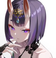 1girl bare_shoulders breasts eyeliner fate/grand_order fate_(series) headpiece highres horns japanese_clothes kimono looking_at_viewer makeup oni purple_eyes purple_hair purple_kimono revealing_clothes short_eyebrows short_hair shuten_douji_(fate) skin-covered_horns small_breasts solo spider_apple