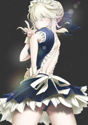 1girl absurdres artoria_pendragon_(fate) artoria_pendragon_alter_(swimsuit_rider)_(fate) backless_outfit beatrix_vivi black_panties blonde_hair fate/grand_order fate_(series) from_behind highres looking_back maid maid_headdress miniskirt panties pantyshot saber_(fate) saber_alter skirt solo underwear upskirt wind wind_lift yellow_eyes