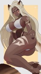 1girl absurdres afk_(series) afk_arena animal_ears antandra_(afk) blonde_hair blush breasts cleavage dark-skinned_female dark_skin high_heels highres ihsnet jewelry large_breasts long_hair looking_at_viewer open_mouth swimsuit tail tiger_ears white_hair yellow_eyes