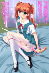 Rule 34 | 1boy, anal, anal object insertion, bed, black shoes, blue eyes, blue skirt, blush, censored, cosplay, crossdressing, crossdressing (mtf), cum, dildo, ejaculation, erection, highres, ikari shinji, kneehighs, long hair, mary janes, masturbation, mosaic censoring, object insertion, open mouth, orange hair, panties, pantyhose, penis, rakkyo, school uniform, sex toy, shoes, skirt, socks, solo, souryuu asuka langley, suspender skirt, suspenders, text focus, thighband pantyhose, translation request, trap, twintails, underwear, white legwear, white panties, white pantyhose, white socks, wig