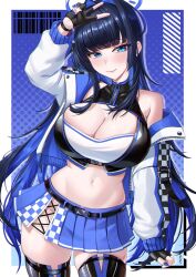 1girl black_hair black_thighhighs blue_eyes blue_hair blue_nails blue_skirt breasts cleavage cotton_noir fingerless_gloves gloves hair_intakes highres hololive hololive_english jacket large_breasts light_blush long_hair looking_at_viewer multicolored_hair navel open_clothes open_jacket ouro_kronii pleated_skirt race_queen skirt smile solo thighhighs v virtual_youtuber