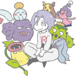 Rule 34 | 1boy, black boots, boots, cacnea, chibi, chibi only, chimecho, crossed legs, gen 1 pokemon, gen 3 pokemon, gen 4 pokemon, gen 7 pokemon, gen 8 pokemon, highres, james (pokemon), manzarademonai, mareanie, mime jr., morpeko, morpeko (full), nintendo, on floor, pokemon, pokemon (anime), pokemon (creature), single letter, sitting, team rocket, team rocket uniform, victreebel, weezing, white background