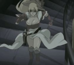 00s animated animated_gif anime_screenshot blonde_hair bouncing_breasts breasts grenadier_(manga) gun hat large_breasts running stairs tendou_rushuna weapon