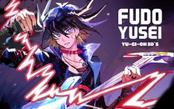 1boy alkali3060 black_hair black_jacket black_nails black_shirt blue_background blue_eyes character_name choker colored_tips copyright_name cross cross_earrings earrings electric_guitar electricity english_text facial_mark facing_to_the_side fudo_yusei guitar hair_slicked_back hand_up highres holding holding_guitar holding_instrument instrument jacket jewelry lanyard leather leather_jacket looking_to_the_side male_focus multicolored_hair open_clothes open_jacket outstretched_arm pinching pinching_gesture popped_collar red_choker shirt spiked_hair stage stage_lights yu-gi-oh! yu-gi-oh!_5d&#039;s