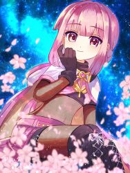 Rule 34 | 1girl, blunt bangs, highres, hood, hood down, long hair, looking at viewer, magia record: mahou shoujo madoka magica gaiden, magical girl, mahou shoujo madoka magica, night, night sky, petals, pink eyes, pink hair, pink petals, plusplushm, sitting, sky, solo, tamaki iroha, very long hair