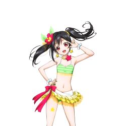 1girl :d \m/ anime_coloring bead_necklace beads bikini black_hair blush bow breasts cleavage cowboy_shot earrings flower frilled_bikini frills green_bikini green_nails hair_beads hair_flower hair_ornament hand_on_own_hip hand_up hibiscus jewelry layered_bikini leg_tattoo looking_at_viewer love_live! love_live!_school_idol_festival love_live!_school_idol_project natsuiro_egao_de_1_2_jump! navel necklace nico_nico_nii official_art open_mouth pink_bow red_eyes red_flower see-through_clothes small_breasts smile solo star_(symbol) star_earrings star_tattoo striped_bikini striped_clothes swimsuit tattoo transparent_background twintails wristband yazawa_nico