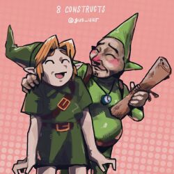 2boys backpack bag belt blonde_hair blush closed_eyes cowboy_shot dotted_background gus_uur hand_on_another&#039;s_shoulder hood link map_(object) multiple_boys nintendo open_mouth pink_background pointy_ears smile the_legend_of_zelda the_legend_of_zelda:_majora&#039;s_mask tingle tunic watch