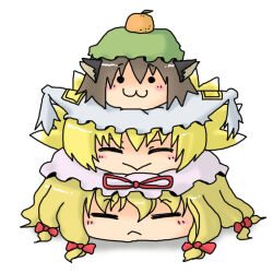 Rule 34 | 3girls, :3, abekawa, animal ears, bow, cat ears, chen, closed eyes, closed mouth, commentary request, fox tail, green hat, hair bow, hat, hat ribbon, kagami mochi, looking at viewer, mob cap, multiple girls, multiple hair bows, multiple tails, red bow, red ribbon, ribbon, smile, tail, touhou, white hat, yakumo ran, yakumo yukari, yukkuri shiteitte ne