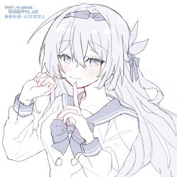 1girl bow bowtie collarbone commentary_request firefly_(honkai:_star_rail) firefly_(spring_missive)_(honkai:_star_rail) greyscale hair_ornament hairband highres honkai:_star_rail honkai_(series) iiiiiiitto_all long_hair long_sleeves looking_at_viewer monochrome official_alternate_costume pointing pointing_up school_uniform serafuku smile solo twitter_username upper_body