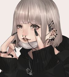 Rule 34 | 1girl, aegyo sal, barbell piercing, black hoodie, black nails, blunt bangs, ear piercing, earrings, eyelashes, face piercing, glitter makeup, grey background, grey eyes, grey hair, hair ornament, hairclip, highres, hood, hood down, hoodie, jewelry, lip piercing, lipstick, long sleeves, makeup, mano aaa, mask, middle finger, mole, mole under eye, mouth mask, multiple rings, nail polish, necklace, original, parallel hairclips, parted lips, piercing, planet necklace, portrait, red lips, ring, short hair, simple background, sleeves past wrists, solo, stud earrings, very long fingernails