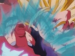 animated animated_gif blonde_hair blood blood_on_face dragon_ball father-son_kamehameha father_and_son green_eyes impact_frame kamehameha_(dragon_ball) powering_up screaming son_gohan son_goku super_saiyan super_saiyan_2 tagme torn_clothes