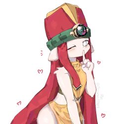 17hornet77987 1boy artist_name blush cat_boy commentary furry furry_male hat highres index_finger_raised ji_(nine_sols) looking_at_viewer male_focus nine_sols one_eye_closed red_hat signature simple_background solo standing trap twitter_username white_background white_eyes white_fur