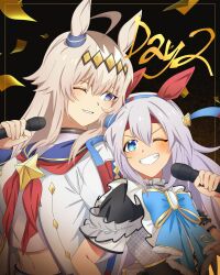 2girls black_dress blue_eyes bow bowtie confetti dress grey_hair grin hair_ornament hairband headband highres holding holding_microphone jacket long_hair long_sleeves looking_at_another microphone midriff multiple_girls navel neckerchief oguri_cap_(umamusume) one_eye_closed red_neckerchief sailor_collar shirt short_sleeves smile tamamo_cross_(umamusume) trailblazer_bash!_(umamusume) umamusume upper_body white_jacket white_shirt yangmal_(uma_red_sheep)