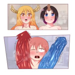 1girl 2futa absurdres blonde_hair blue_eyes blush dragon_girl dragon_horns elma_(maidragon) futa_with_female futanari glasses gradient_hair highres horn horns huge_penis imminent_penetration kobayashi-san_chi_no_maidragon kobayashi_(maidragon) large_penis licking_lips long_hair medium_hair monster_penis multicolored_hair multiple_futa nervous one_eye_closed open_mouth penis penis_awe pink_hair ponytail saltyxodium smile sweat tohru_(maidragon) tongue tongue_out uncensored veins veiny_penis you_gonna_get_raped