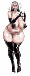Rule 34 | 1girl, black footwear, black gloves, black thighhighs, blush, breasts, condom, condom belt, cross, cross necklace, elbow gloves, female pubic hair, gloves, habit, heart, high heels, highres, jewelry, lulu95402099, navel, necklace, nipple piercing, nun, open mouth, original, panties, pasties, piercing, pubic hair, simple background, smile, solo, sweat, thighhighs, tongue, underwear, used condom, white background, yellow eyes