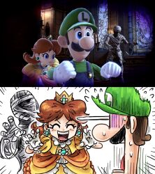 1boy 1girl blue_eyes blue_overalls brown_hair bulging_eyes closed_eyes crown dress earrings eye_pop facial_hair flower_earrings from_behind game_screenshot_inset gloves green_hat green_shirt hat indoors jewelry kicdon long_sleeves looking_back luigi luigi&#039;s_mansion mario_(series) monster mummy mustache nintendo open_mouth orange_dress overalls princess princess_daisy puffy_short_sleeves puffy_sleeves scared shirt short_hair short_sleeves sneaking super_smash_bros. sweat sweatdrop upper_body white_gloves