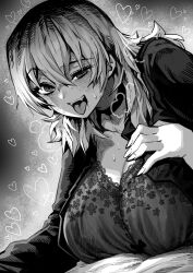 Rule 34 | 1girl, absurdres, aroused, black bra, black shirt, bra, breasts, cleavage, collarbone, fangs, gibagiba, grey hair, hand on own chest, highres, huge breasts, lace, lace bra, large breasts, long hair, looking at viewer, monochrome, open mouth, shiba natsuki, shirt, smile, solo, ss kabushikigaisha, sweat, underwear