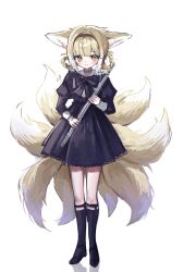 1girl alternate_costume animal_ears arknights black_boots black_dress blonde_hair boots braid braided_hair_rings closed_mouth dress es_(es_f0x) flute fox_ears fox_girl fox_tail full_body green_eyes hair_rings highres holding holding_flute holding_instrument infection_monitor_(arknights) instrument juliet_sleeves kitsune kyuubi long_sleeves looking_at_viewer multiple_tails puffy_sleeves smile solo standing suzuran_(arknights) tail twin_braids