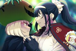 2girls absurdres black_capelet black_gloves black_hair blonde_hair blue_eyes blunt_bangs cape capelet dougi fingerless_gloves gloves hair_ornament hairband highres long_hair looking_at_another magadori_kyoshika mask multiple_girls oosuzuki_kurara ponytail red_cape short_hair sweat the_hundred_line_-last_defense_academy- tomato v-shaped_eyebrows vincent-san yuri