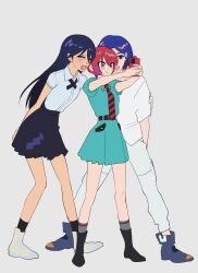 1boy 2girls amate_yuzuriha aqua_eyes blue_hair blush closed_eyes collared_shirt colored_inner_hair full_body grey_background gundam gundam_gquuuuuux highres holding holding_phone long_hair long_sleeves lower_eyelashes_only multicolored_hair multiple_girls necktie nyaan_(gundam_gquuuuuux) open_mouth phone purple_hair red_eyes red_hair school_uniform selfie shirt shoes short_hair shuji_ito simple_background skirt smile standing two-tone_hair yang_gallae