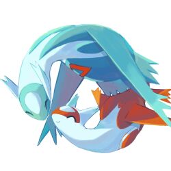 blue_eyes closed_eyes dragon gen_3_pokemon highres keruasu0629 latias latios legendary_pokemon midair nintendo no_humans pokemon pokemon_(creature) red_wings simple_background white_background wings