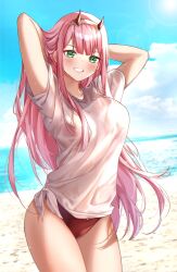 1girl arms_up beach bikini bikini_under_clothes blue_sky blush breasts cloud darling_in_the_franxx day green_eyes grin hairband highres horns long_hair looking_at_viewer medium_breasts outdoors pink_hair red_bikini shirt sky smile solo sunlight swimsuit tied_shirt tsukichan_(maynyan23) very_long_hair wet wet_clothes wet_hair wet_shirt white_hairband white_shirt zero_two_(darling_in_the_franxx)