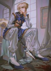 Rule 34 | 1boy, absurdres, bandaid, bandaid on face, blonde hair, blood, blood on ground, blue slippers, blue tabard, chinese commentary, closed mouth, commentary request, elbow on leg, gold trim, hair behind ear, hand chains, hand on own face, head rest, highres, holding, holding weapon, hunter x hunter, indoors, kurapika, long sleeves, looking down, male focus, middle finger, painting (object), pants, phonograph, ppttppff, red eyes, short hair, sitting, sleeve cuffs, slippers, solo, tabard, weapon, white pants, window