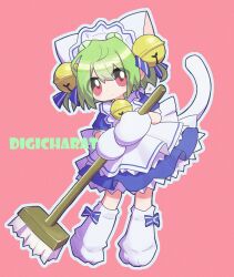 1girl animal_hat bell blue_dress broom cat_hat cat_tail closed_mouth commentary copyright_name dejiko di_gi_charat dress full_body hat highres holding holding_broom looking_at_viewer mittens neck_bell outline pink_background puffy_short_sleeves puffy_sleeves red_eyes robonormal short_sleeves simple_background standing tail white_mittens white_outline