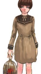 1girl birdcage blood blue_eyes bob_cut brown_dress brown_hair brown_skirt cage closed_mouth dress eleanor_(rule_of_rose) gauss_&lt;bokashi highres lips looking_at_viewer rule_of_rose short_hair simple_background skirt solo standing white_background