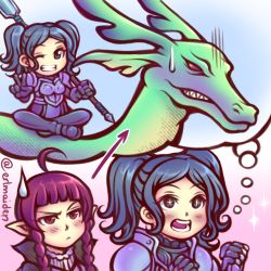 Rule 34 | 2girls, ahoge, annoyed, armor, blue hair, blush, braid, cynthia (fire emblem), dragon, eastern dragon, fire emblem, fire emblem awakening, highres, multiple girls, nah (fire emblem), nintendo, octoppoi, one eye closed, open mouth, pointy ears, polearm, purple hair, simple background, sitting, smile, sparkle, spear, speech bubble, sweatdrop, symbol-shaped pupils, thought bubble, twin braids, twintails, v, weapon