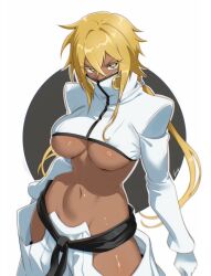 arrancar artist_name bleach blonde_hair breasts colored_eyelashes cropped_jacket dark-skinned_female dark_skin espada gloves green_eyes highres large_breasts medium_hair shiny_skin simple_background standing tier_harribel underboob vizaz white_background white_gloves