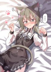... 1girl :t absurdres animal_ear_fluff animal_ears bed_sheet black_skirt black_vest blush breasts brown_hair brown_skirt brown_vest buttons cat_ears cat_girl cat_tail closed_mouth cowboy_shot flower green_eyes grey_hair hair_between_eyes hair_flower hair_ornament hairclip hands_up highres juliet_sleeves kemonomimi_mode long_hair long_sleeves looking_at_viewer low_ponytail lying masamune_mino medium_hair miniskirt minowa_gin motion_lines neck_ribbon nose_blush on_back on_bed paw_pose paw_print pleated_skirt ponytail pout puffy_sleeves ribbon school_uniform shirt sidelocks skirt small_breasts solo sparkle speech_bubble spoken_ellipsis sweatdrop tail v-shaped_eyebrows vest washio_sumi_wa_yuusha_de_aru white_shirt yuusha_de_aru