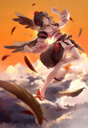 above_clouds absurdres black_hair black_ribbon black_skirt black_wings cloud expressionless feathered_wings feathers flying geta hat headband highres japanese_clothes kourindou_tengu_costume medium_hair obi orange_sky pelvic_curtain red_headband red_ribbon ribbon sash shameimaru_aya skirt sky sumirou-kun sunset tengu-geta thighhighs tokin_hat touhou white_sash white_sleeves white_thighhighs wings