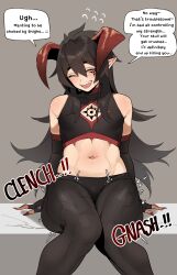 ! !! 1boy absurdres bare_shoulders blush demon_horns demon_king_(in) english_text highres horns in_(ain) long_hair midriff muscular muscular_male navel open_mouth original pointy_ears simple_background sitting sound_effects speech_bubble tagme thighs trap veins veiny_thighs