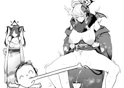 1boy 2girls absurdres blue_archive braid breasts clothes_lift doodle_sensei_(blue_archive) fuuka_(blue_archive) fuuka_(new_year)_(blue_archive) greyscale halo haruna_(blue_archive) haruna_(new_year)_(blue_archive) highres japanese_clothes kimono kimono_lift kissing_pussy large_breasts long_hair monochrome multiple_girls nipples no_panties peeing peeing_in_cup pussy sensei_(blue_archive) simple_background smile spread_pussy squatting tagme thirty_8ght white_background