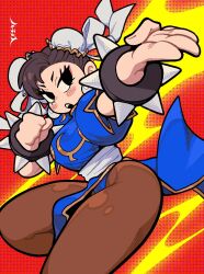 1girl black_eyes blue_dress bracelet breasts brown_hair brown_pantyhose bun_cover capcom china_dress chinese_clothes chun-li double_bun dress fighting_stance hachinos_ssb hair_bun highres jewelry medium_breasts open_mouth pantyhose pelvic_curtain puffy_short_sleeves puffy_sleeves sash short_sleeves solo spiked_bracelet spikes street_fighter teeth upper_teeth_only white_sash