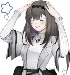 1girl :p ^_^ absurdres ah_eto..._bleh_(meme) arknights arms_up black_hair black_hairband blush closed_eyes closed_mouth dr.deims_(dim5s) grey_jacket grey_sweater hairband hands_on_own_head highres jacket lapels long_sleeves medium_hair meme open_clothes open_jacket priestess_(arknights) simple_background smile solo star_(symbol) sweater tongue tongue_out turtleneck turtleneck_sweater twitter_username upper_body white_background